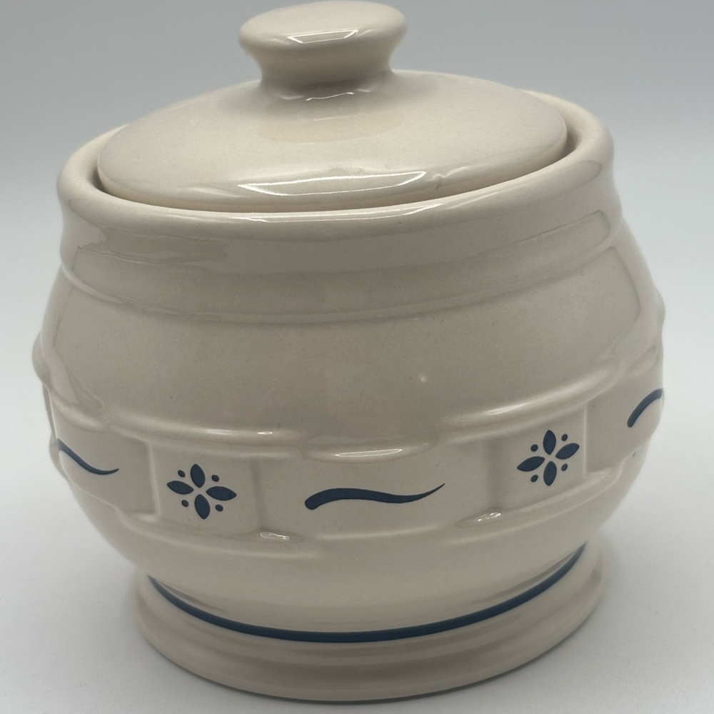 Longaberger Woven Traditions Pottery Heritage Green Sugar Bowl With Lid~MINT